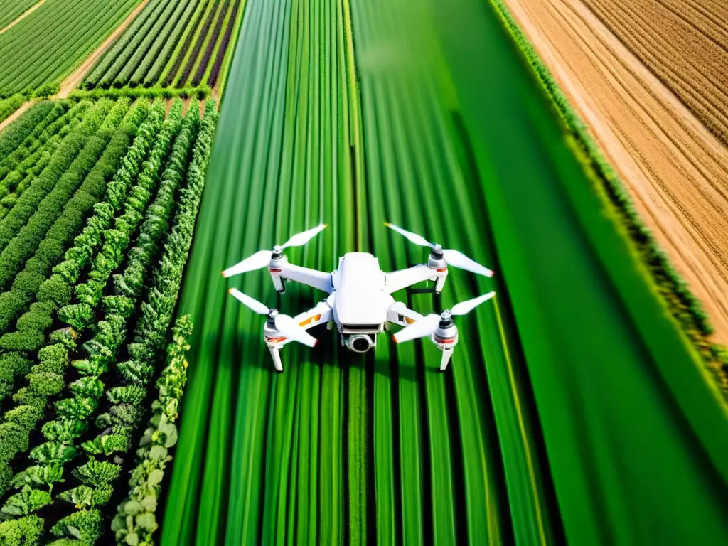 Drones agrícolas para cultivos orgánicos: Vista aérea de granja verde con cultivos vibrantes y suelo fértil