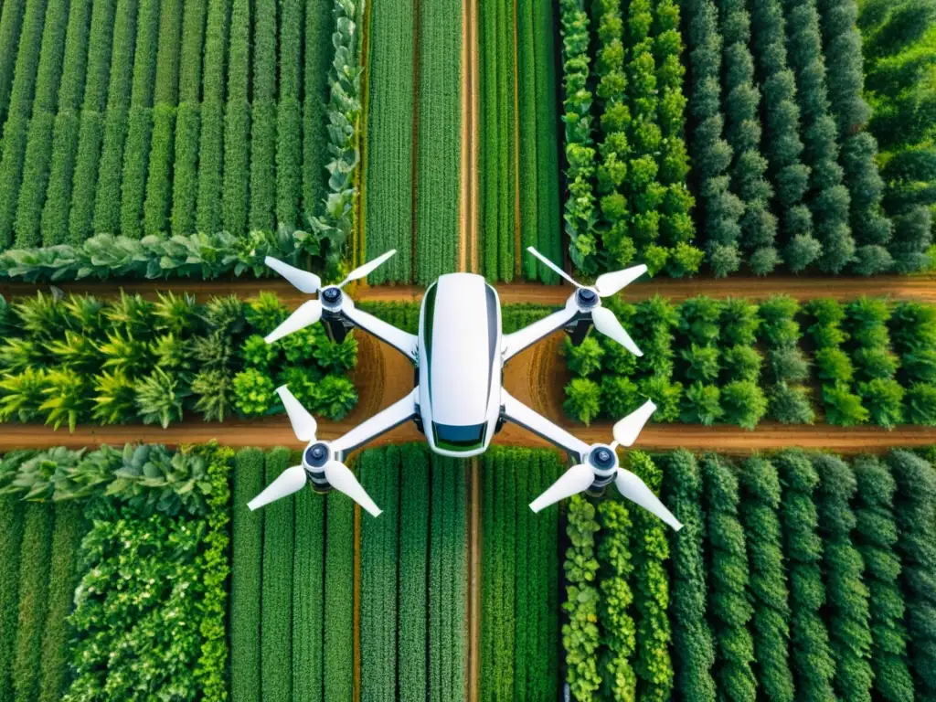 Drones agrícolas para cultivos orgánicos: Moderna tecnología en armonía con la naturaleza en una granja orgánica verde y exuberante