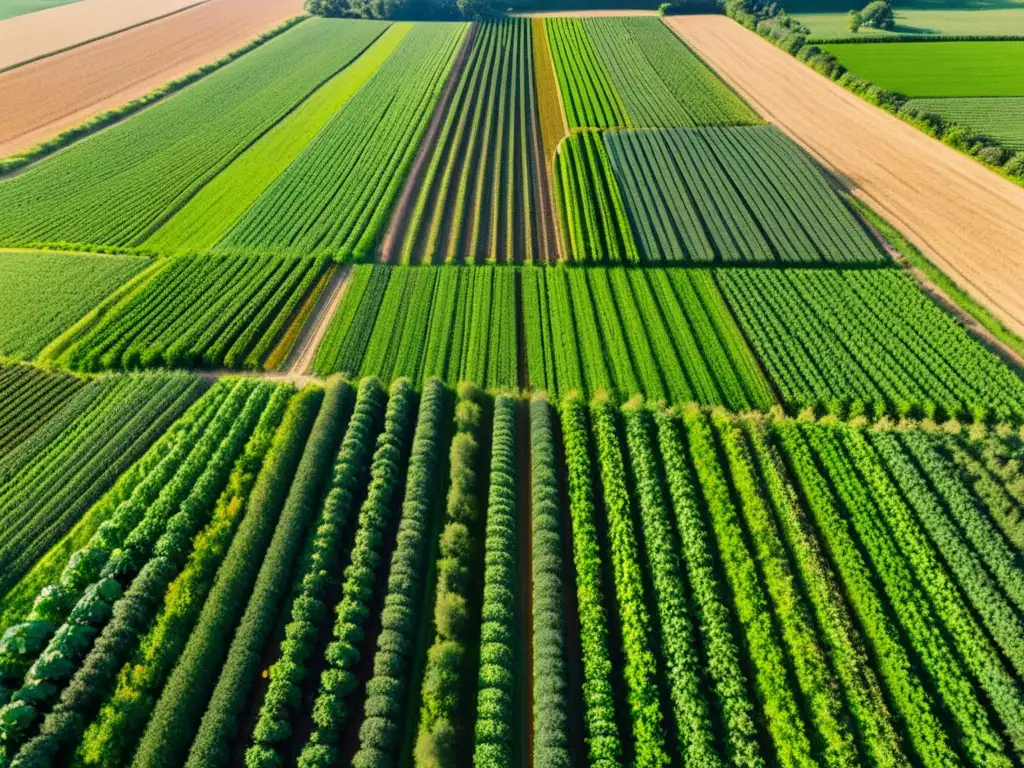 Drones agrícolas para cultivos orgánicos: Una granja orgánica con cultivos vibrantes y un dron capturando datos, fusionando tecnología y tradición