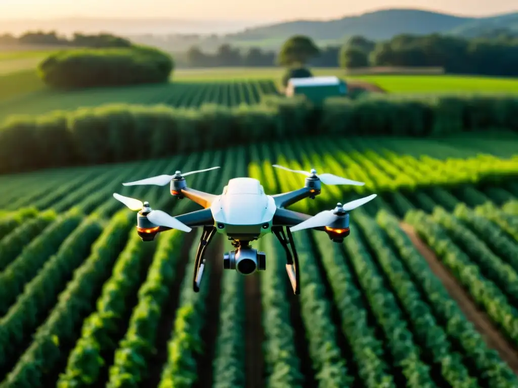 Drones agrícolas para cultivos orgánicos: avión no tripulado capturando datos sobre una granja orgánica al atardecer