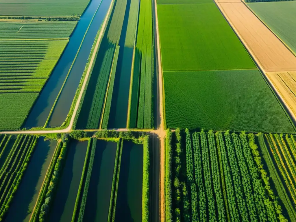 Drones en agricultura orgánica: Fotografía aérea de granja orgánica con cultivos ordenados, canales de irrigación y un dron monitoreando