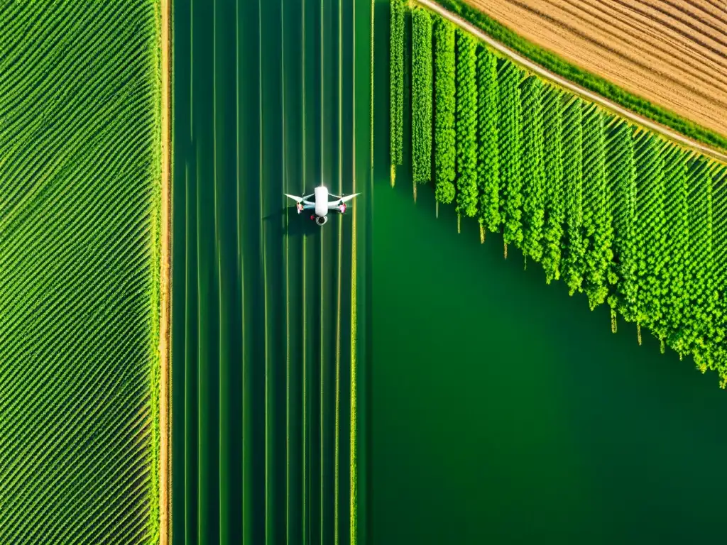 Drones en la Agricultura Orgánica: Fotografía aérea de granja orgánica, campos verdes y drone capturando datos en un día soleado