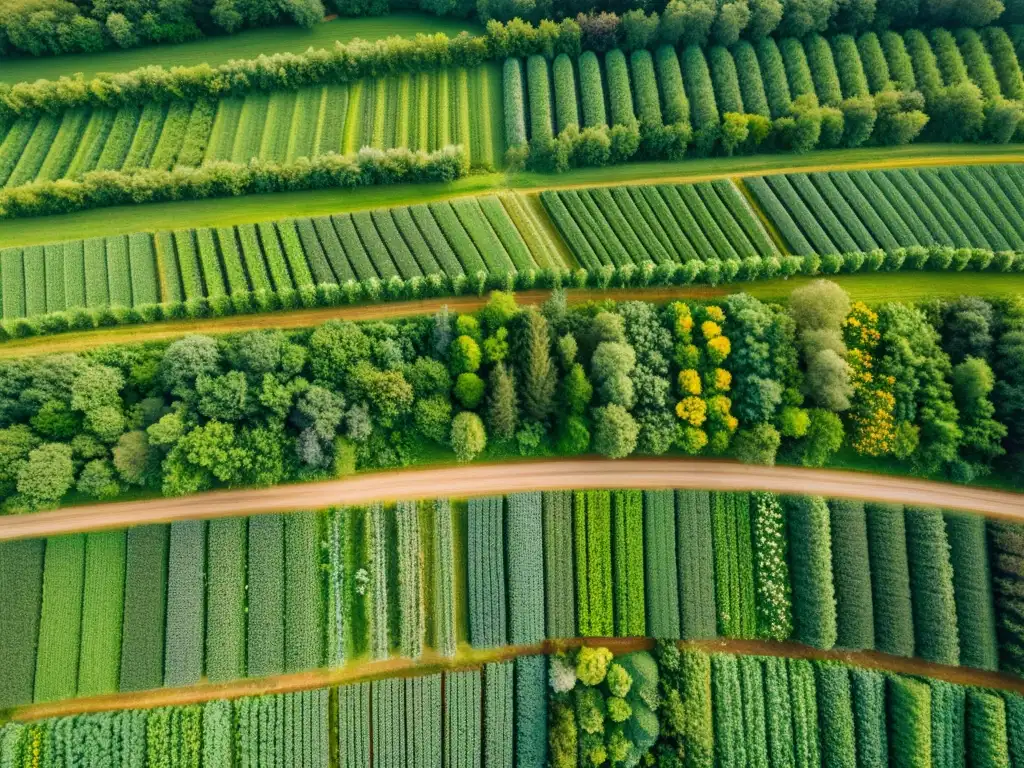 Drones en la Agricultura Orgánica: Vista aérea de una granja orgánica con cultivos ordenados y floridos, bañados por la luz del sol entre nubes