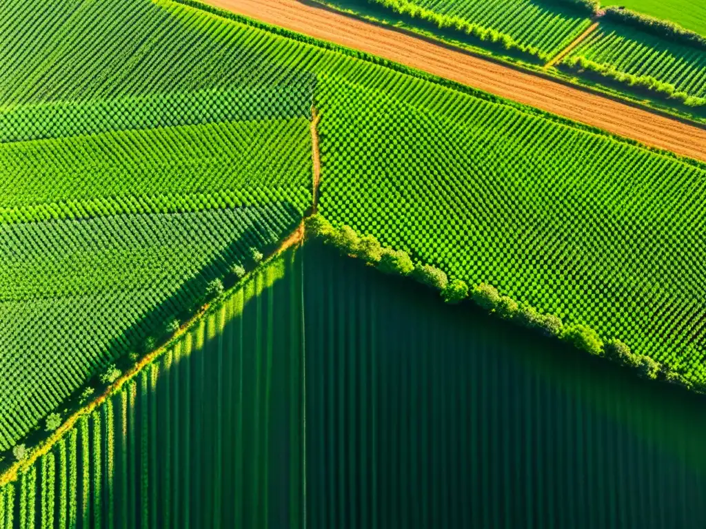 Drones en la Agricultura Orgánica: Vista aérea de una granja orgánica con cultivos ordenados, bañados por la luz del sol y vigilados por un dron