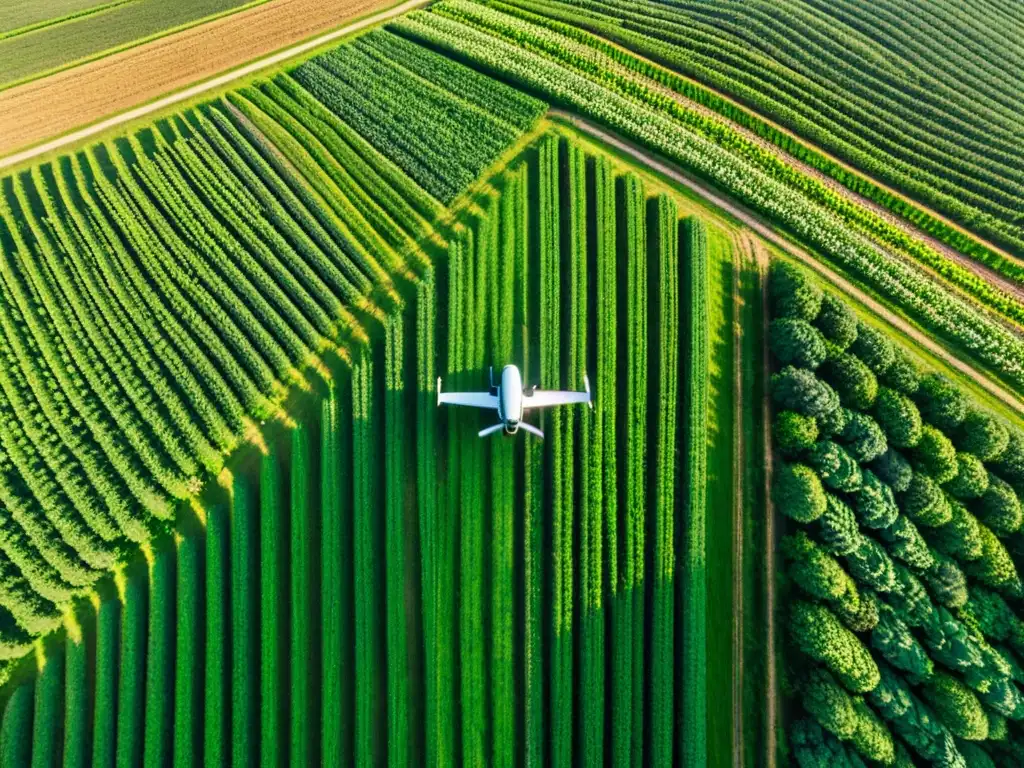 Drones en agricultura orgánica: Una granja orgánica próspera y exuberante, con cultivos ordenados que se extienden hasta el horizonte