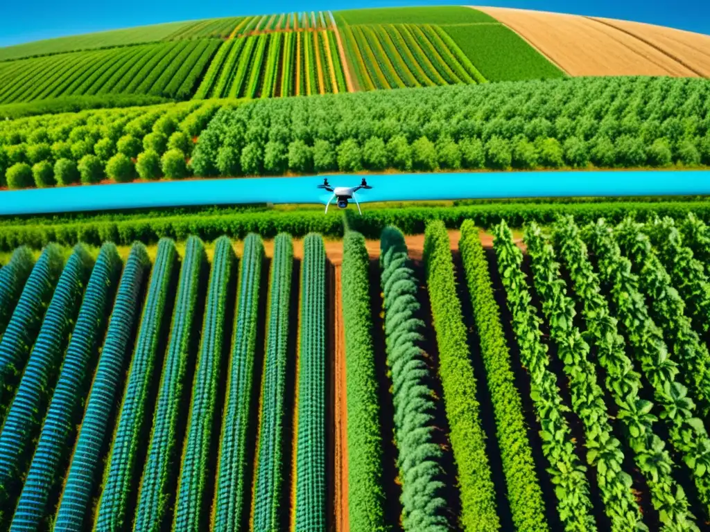 Drones en agricultura orgánica: Granja orgánica con cultivos vibrantes y un dron de alta tecnología capturando datos sobre un cielo azul claro