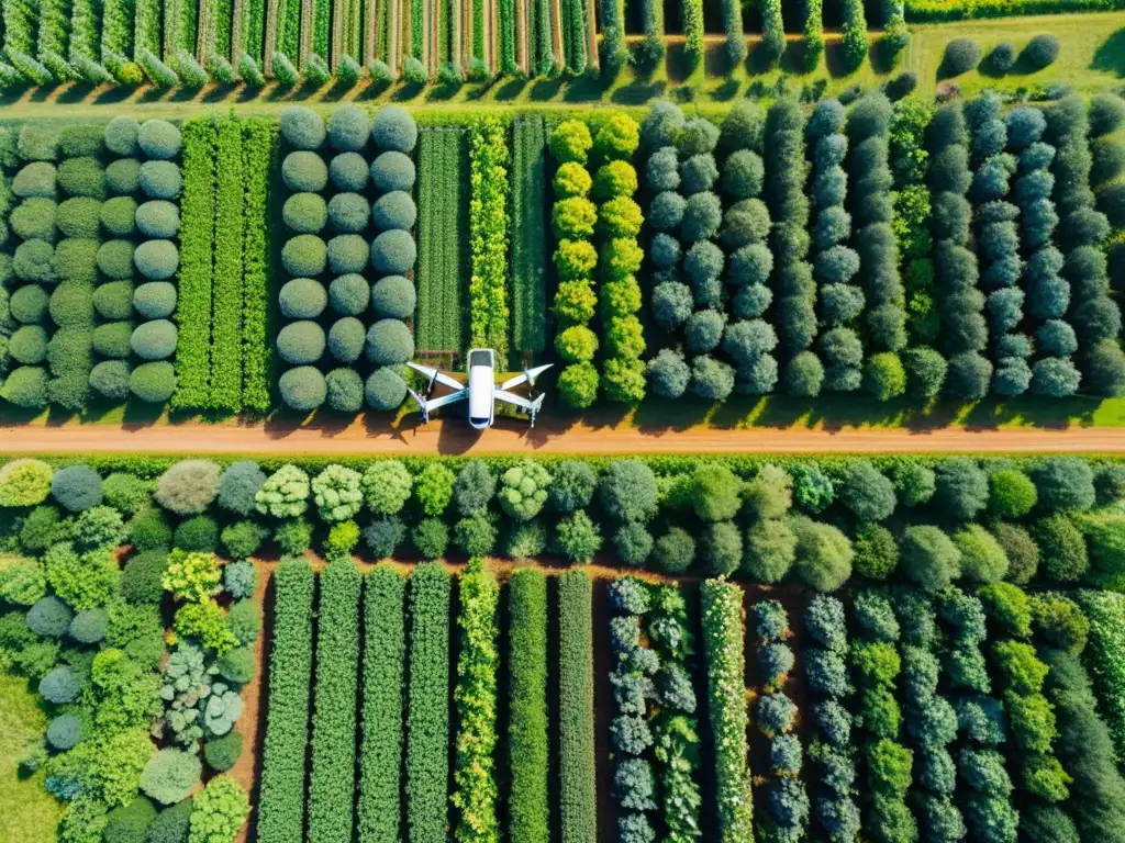 Drones en agricultura orgánica: Una granja orgánica con cultivos vibrantes y un ecosistema saludable, capturada por un dron en un cielo azul claro