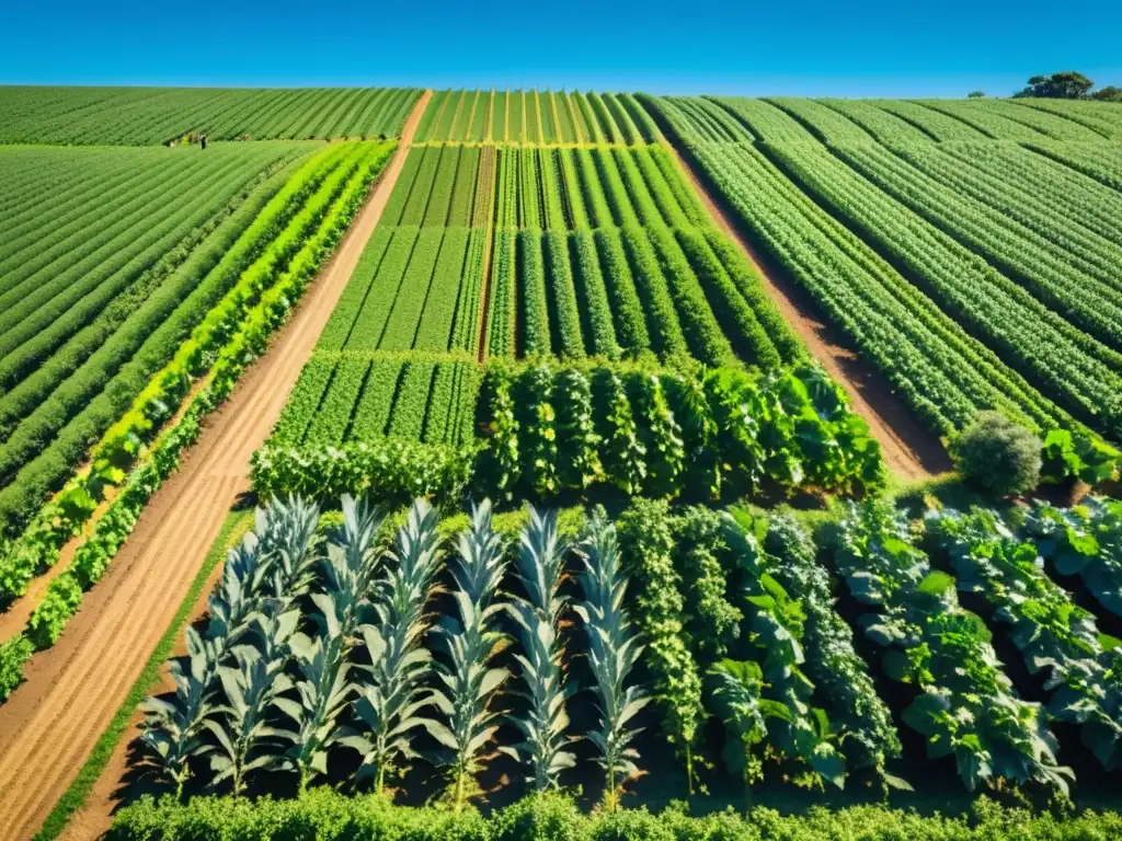 Economía circular en agricultura orgánica: una exuberante y productiva granja con cultivos variados bajo un cielo azul vibrante