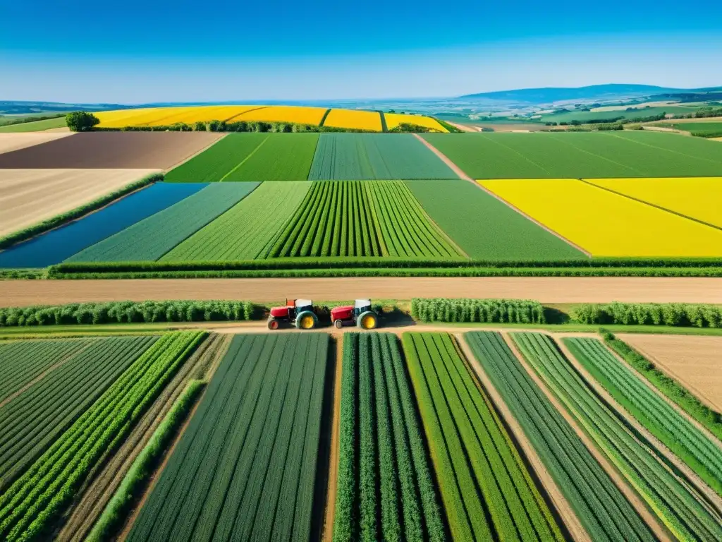 Economía circular en agricultura orgánica: Granja orgánica vibrante, campos coloridos y agricultores trabajando en armonía bajo el cielo azul