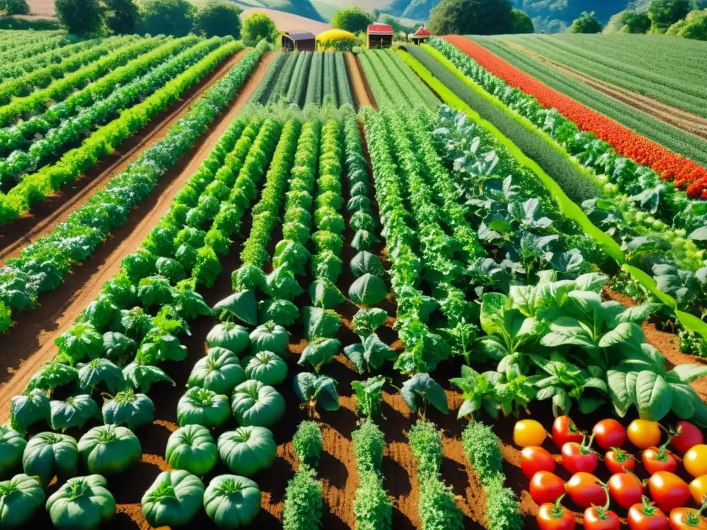 Economía circular agricultura orgánica: Granja orgánica exuberante con cultivos variados, luz solar brillante y vida silvestre activa