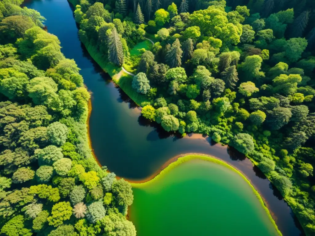 Un ecosistema diverso y vibrante capturado en una fotografía aérea minimalista, destacando la agricultura orgánica para salvar biodiversidad