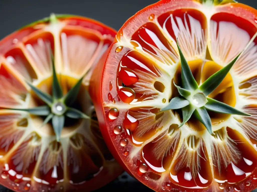 Efectos de pesticidas en alimentos orgánicos: Detalle de tomate rojo partido, con jugosas semillas y gotas de agua, resaltando su belleza natural