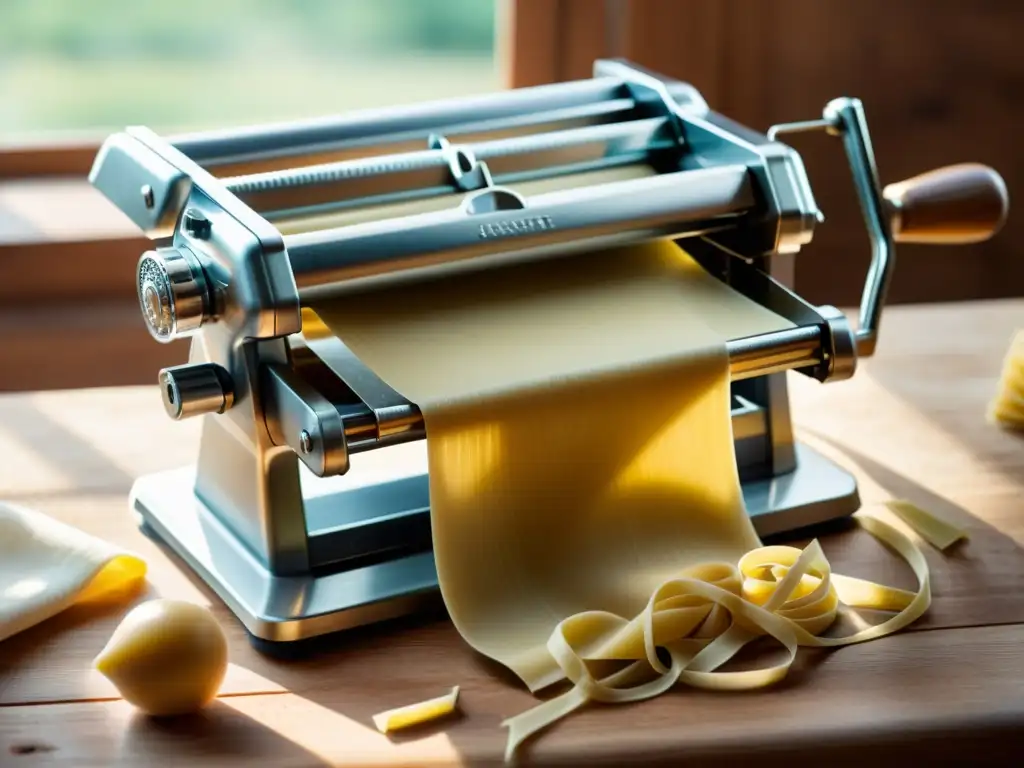 Elaboración artesanal de pasta italiana con máquina manual en mesa rústica
