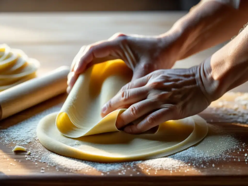 Elaboración artesanal de pasta italiana con ingredientes orgánicos, manos expertas amasando la masa fresca en una superficie de madera, iluminadas por luz natural suave