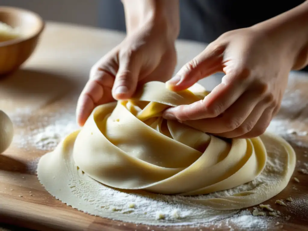 Elaboración artesanal de receta de pastas orgánicas caseras, manos expertas amasando la masa sobre tabla de madera