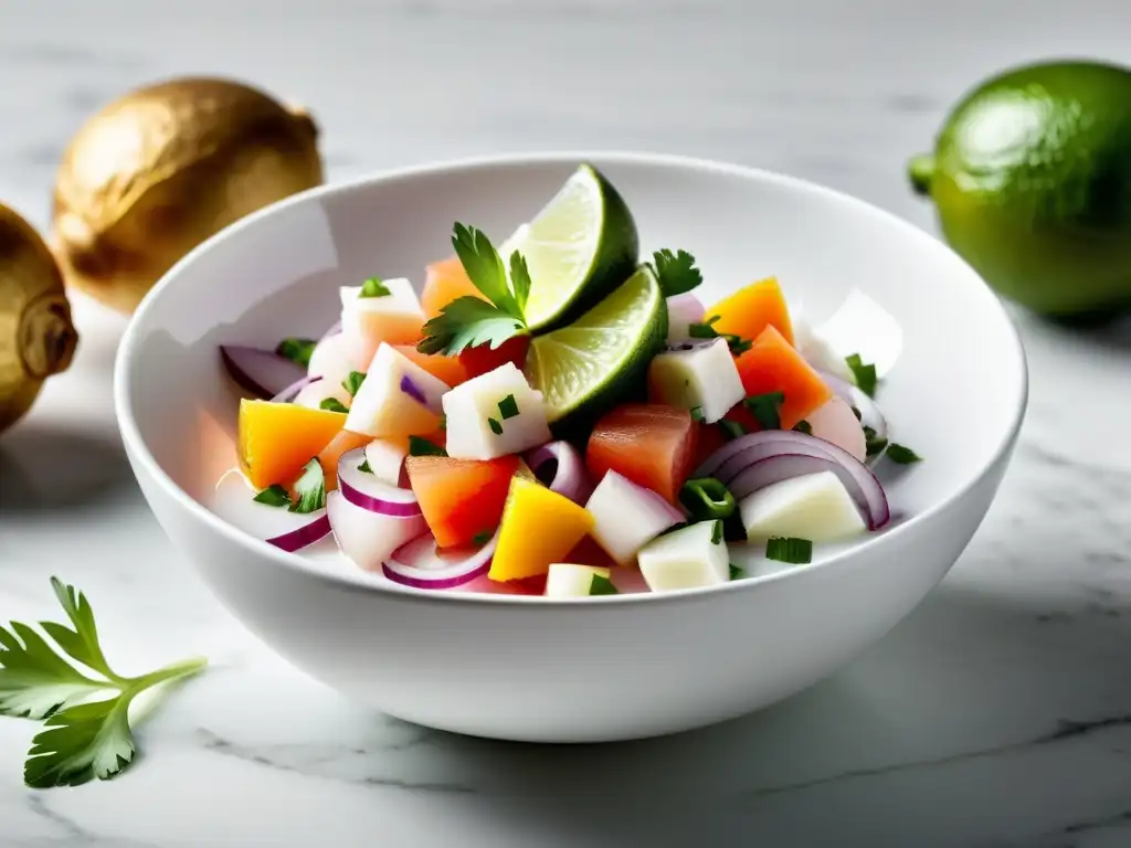 Un elegante ceviche peruano de pescado sostenible en un bol blanco sobre mármol, evocando frescura y arte culinario