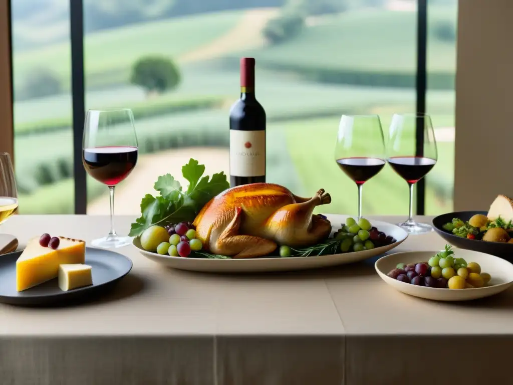 Un elegante y detallado maridaje de vinos orgánicos con platos internacionales en una mesa iluminada con luz natural