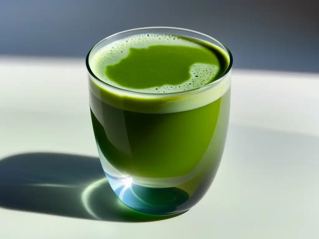 Una elegante taza de vidrio transparente con un vibrante matcha orgánico beneficios antioxidantes