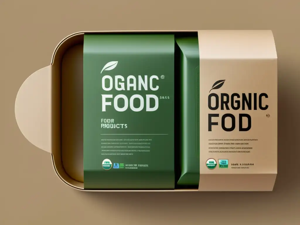 Embalaje ecológico para alimentos orgánicos con diseño minimalista y certificación destacada, evocando sofisticación y conciencia ambiental