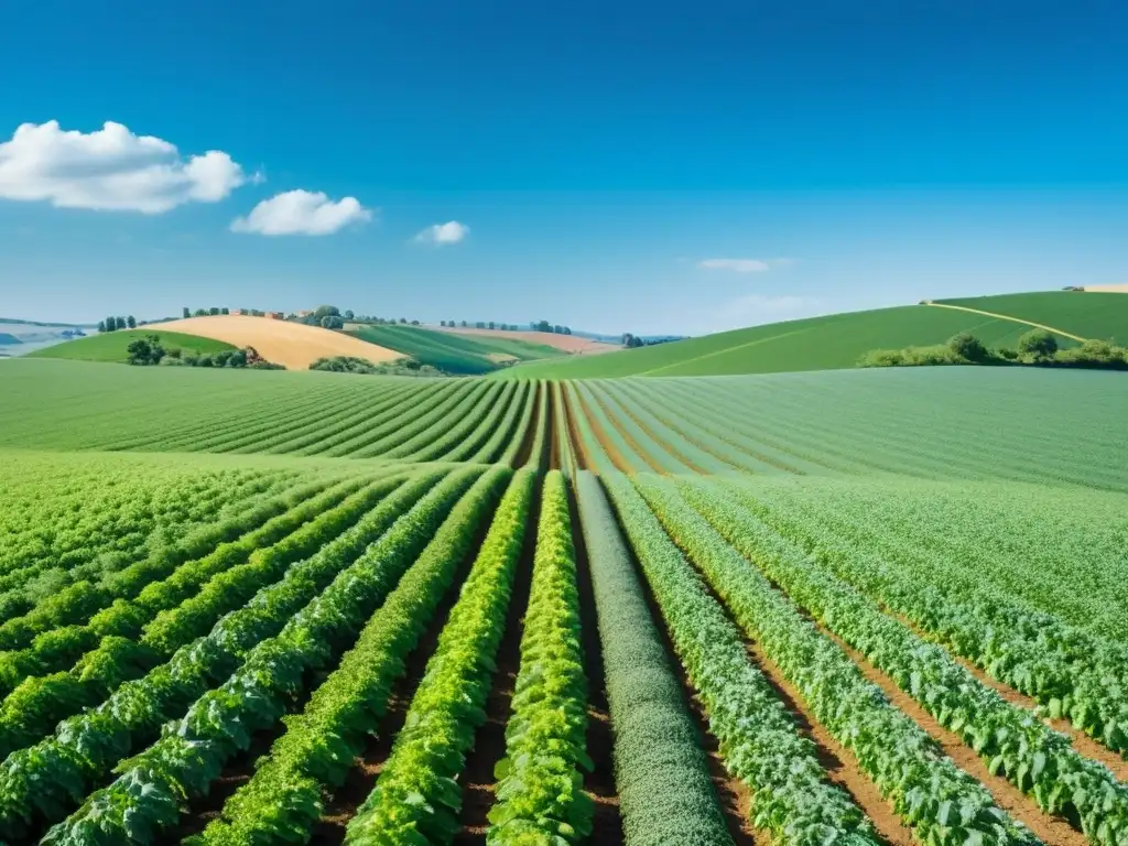 Comparación de emisiones de gases de efecto invernadero en cultivos orgánicos y convencionales en un campo verde vibrante y sereno