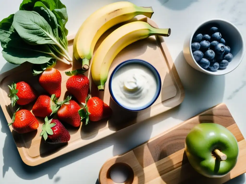 Encantadora cocina con frutas y verduras orgánicas, yogurt casero y sauerkraut