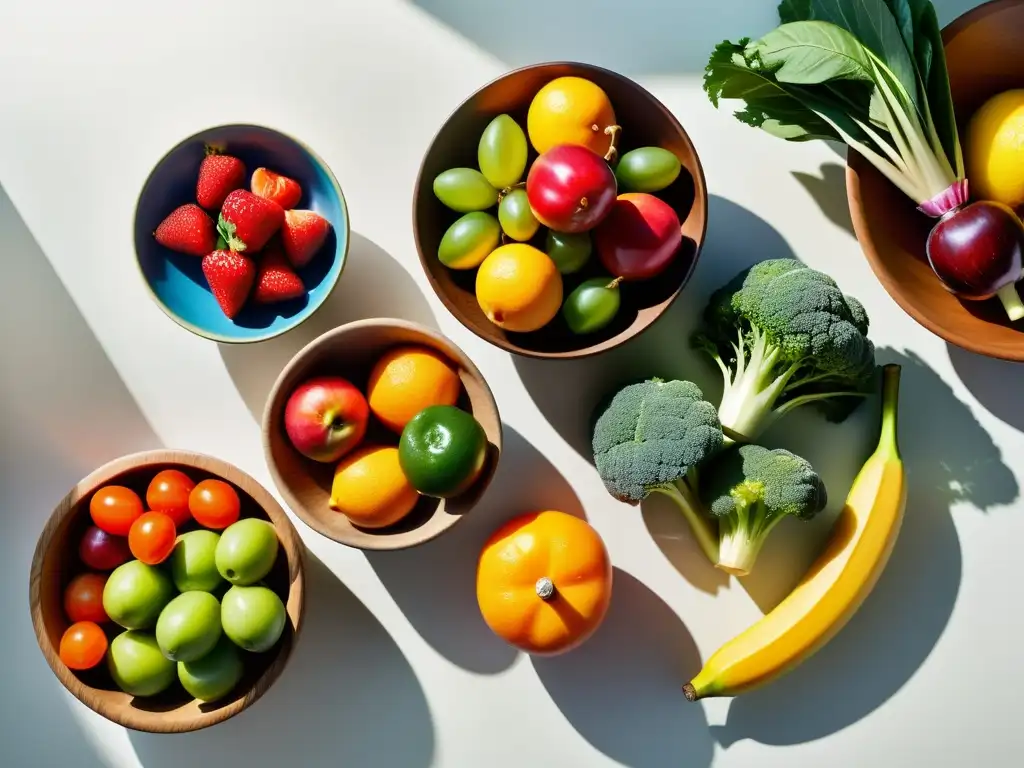 Encantadora cocina con frutas y verduras orgánicas en cuencos de madera, iluminada por luz natural