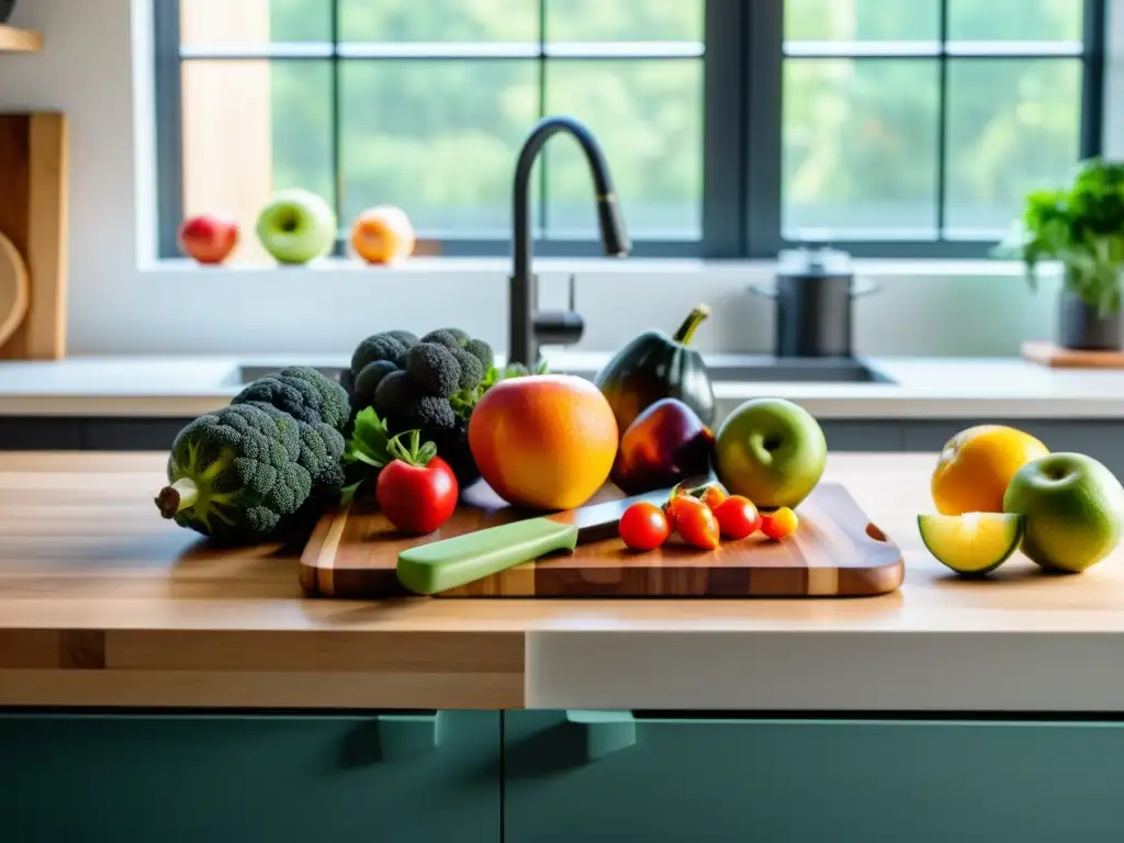 Una encantadora cocina minimalista con alimentos orgánicos frescos y naturales bañados por la suave luz del sol