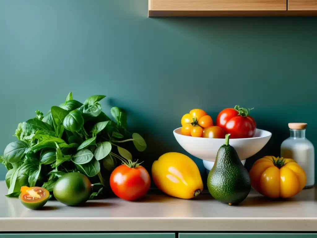 Una encantadora cocina minimalista con ingredientes orgánicos vibrantes para recetas de cocina macrobiótica