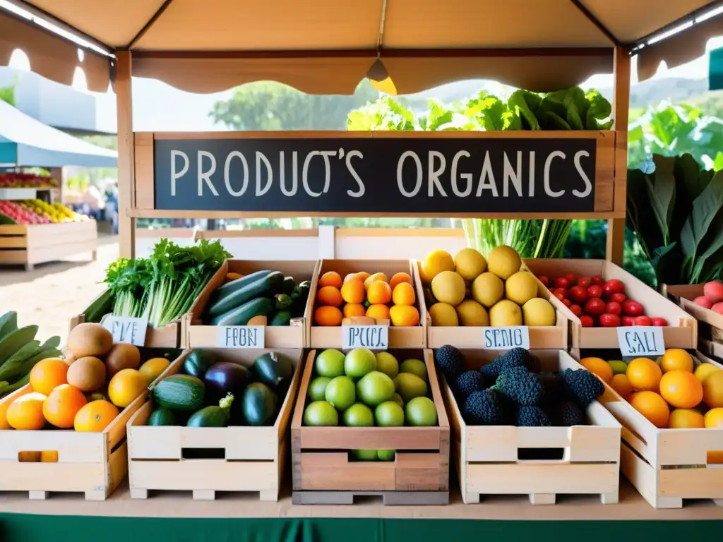 Una encantadora imagen de un puesto de mercado con productos orgánicos, resaltando su frescura y colores naturales bajo la luz del sol