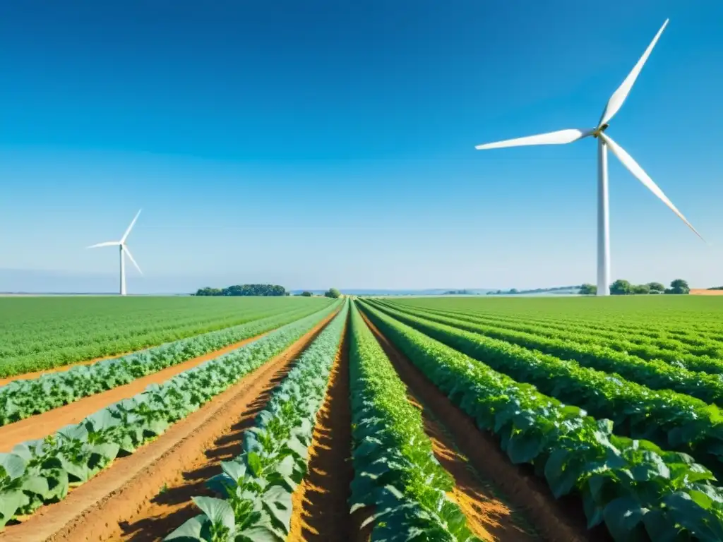 Aplicación de energías renovables en la producción de alimentos: granja orgánica bañada por el sol con cultivos verdes y un molino de viento al fondo