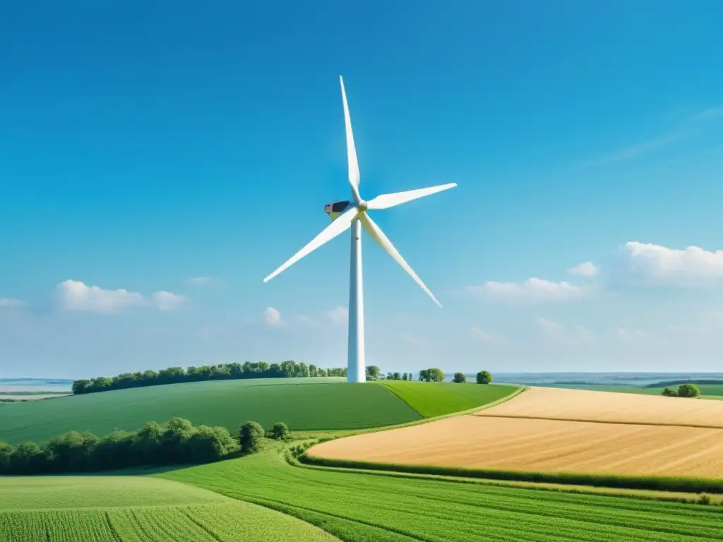 Aplicación de energías renovables en granjas orgánicas: paisaje rural soleado con molino de viento en la distancia y campos verdes