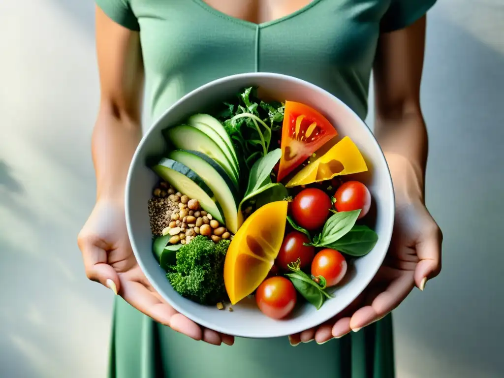 Una ensalada orgánica fresca y nutritiva en un bol minimalista, con ingredientes vibrantes y presentación elegante bajo luz natural