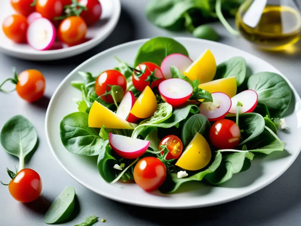 Una ensalada orgánica recién preparada, vibrante y colorida, destaca la belleza de las recetas rápidas cocina orgánica