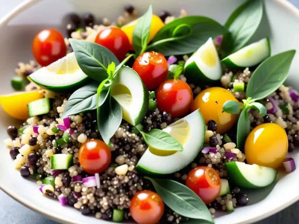 Una ensalada de quinua orgánica colorida y vibrante con vegetales frescos, destacando la frescura y la fusión de sabores