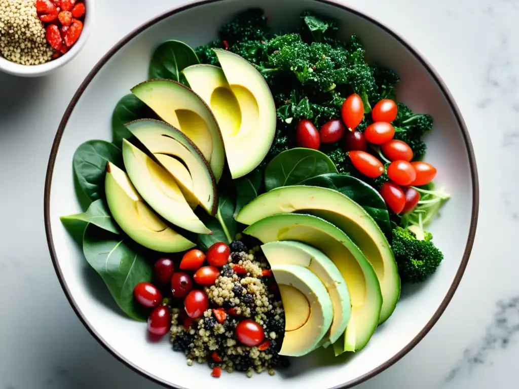 Una ensalada de superalimentos orgánicos, vibrante y detallada, con kale, quinoa, bayas de goji, semillas de chía y aguacate, en un elegante fondo blanco