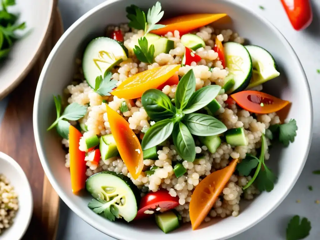 Una ensalada de quinoa tailandesa orgánica, fresca y colorida en un bol blanco