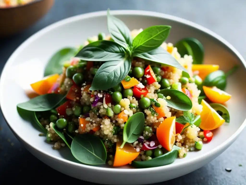 Una ensalada de quinoa orgánica tailandesa recién preparada, con ingredientes frescos y coloridos que exudan frescura y sostenibilidad