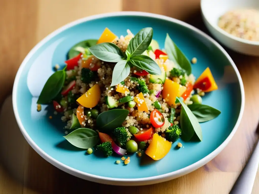 Una ensalada de quinoa orgánica tailandesa vibrante y artísticamente presentada en un plato minimalista