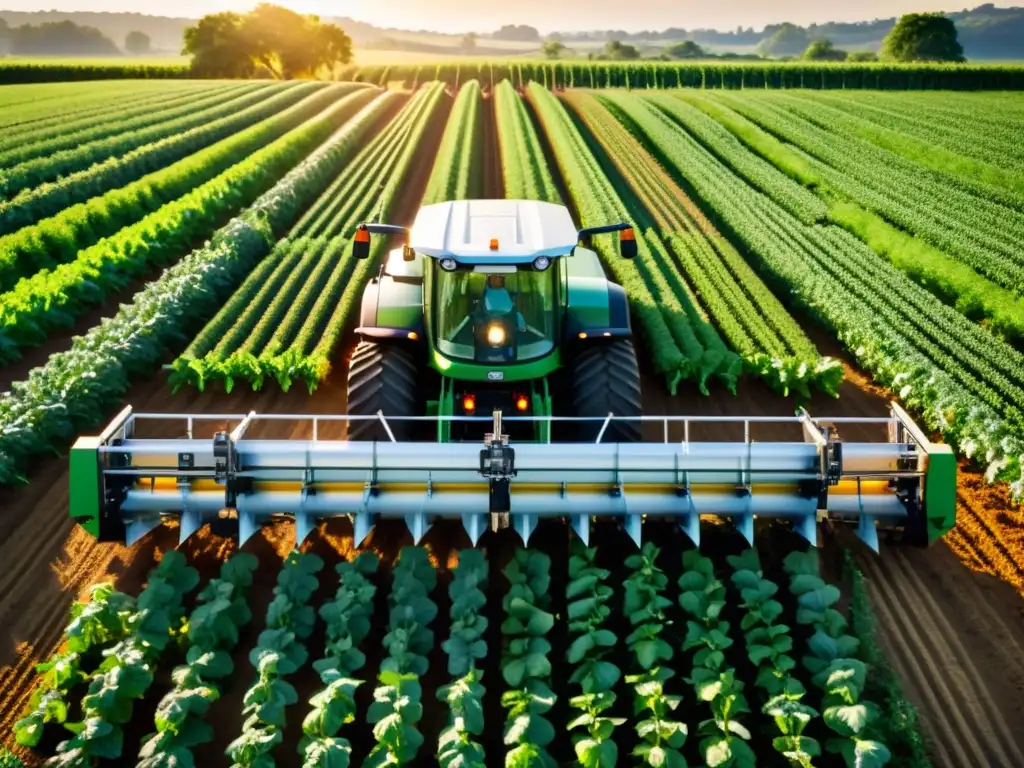 Un equipo avanzado de cultivo orgánico trabaja en armonía con la naturaleza, resaltando la eficiencia y sostenibilidad de la agricultura moderna