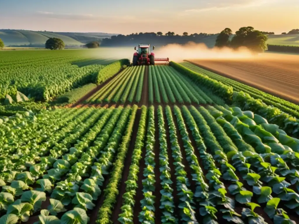 Equipos avanzados cultivo orgánico en un campo verde exuberante al atardecer, integrando tecnología y agricultura sostenible