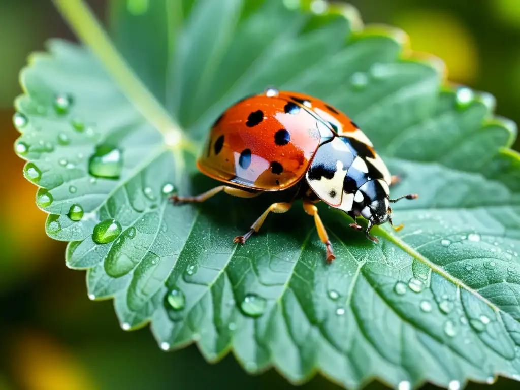 Un escarabajo mariquita descansando en una hoja verde brillante con gotas de rocío