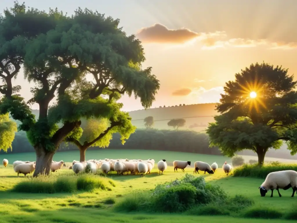 Escena de agroforestería orgánica con variedad de cultivos y animales, bañada por cálida luz dorada al atardecer