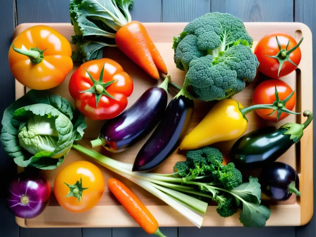 Una escena apetitosa de cocina orgánica económica: frutas y verduras frescas y coloridas sobre tabla de madera