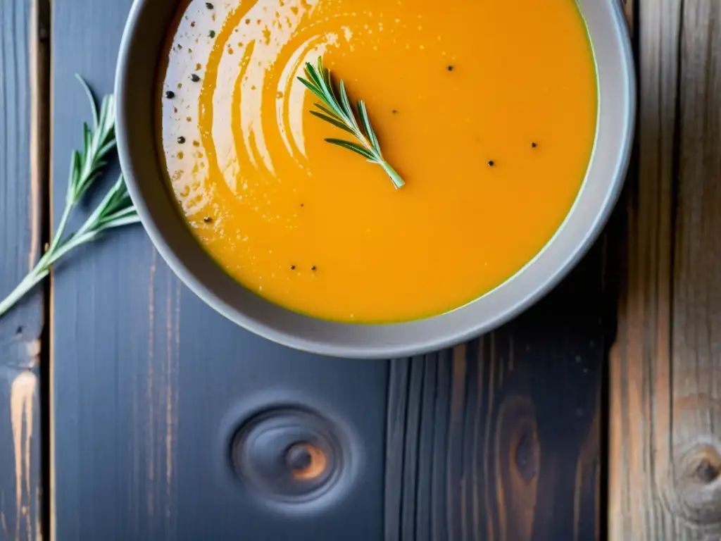 Una escena visualmente cautivadora de una deliciosa sopa orgánica de calabaza, con sabores auténticos y nutritivos, en una mesa de madera rústica