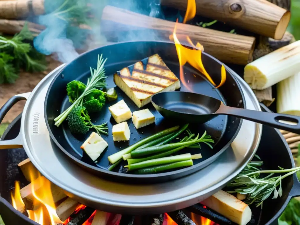 Una escena de cocina al aire libre en un campamento con recetas orgánicas para acampar, donde una sartén de hierro fundido sizzle con verduras frescas, hierbas silvestres y tofu sazonado sobre una hoguera, creando una atmósfera acogedora y tentadora