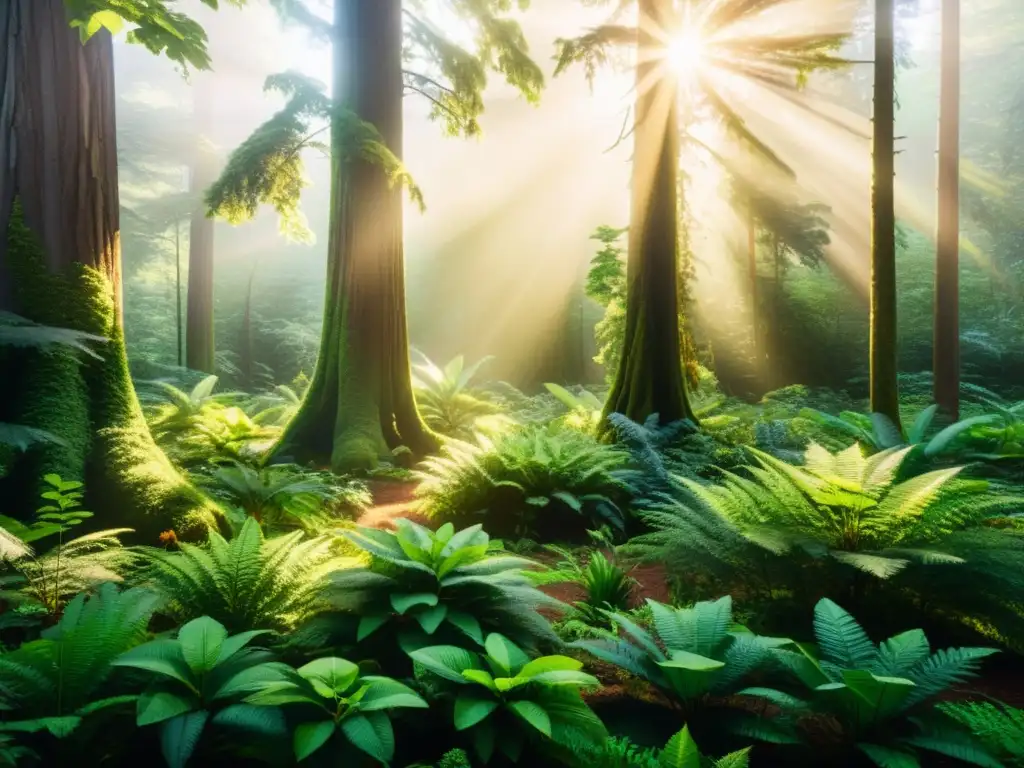 Escena exuberante de un bosque con luz solar filtrándose entre el dosel, resaltando la diversa vegetación