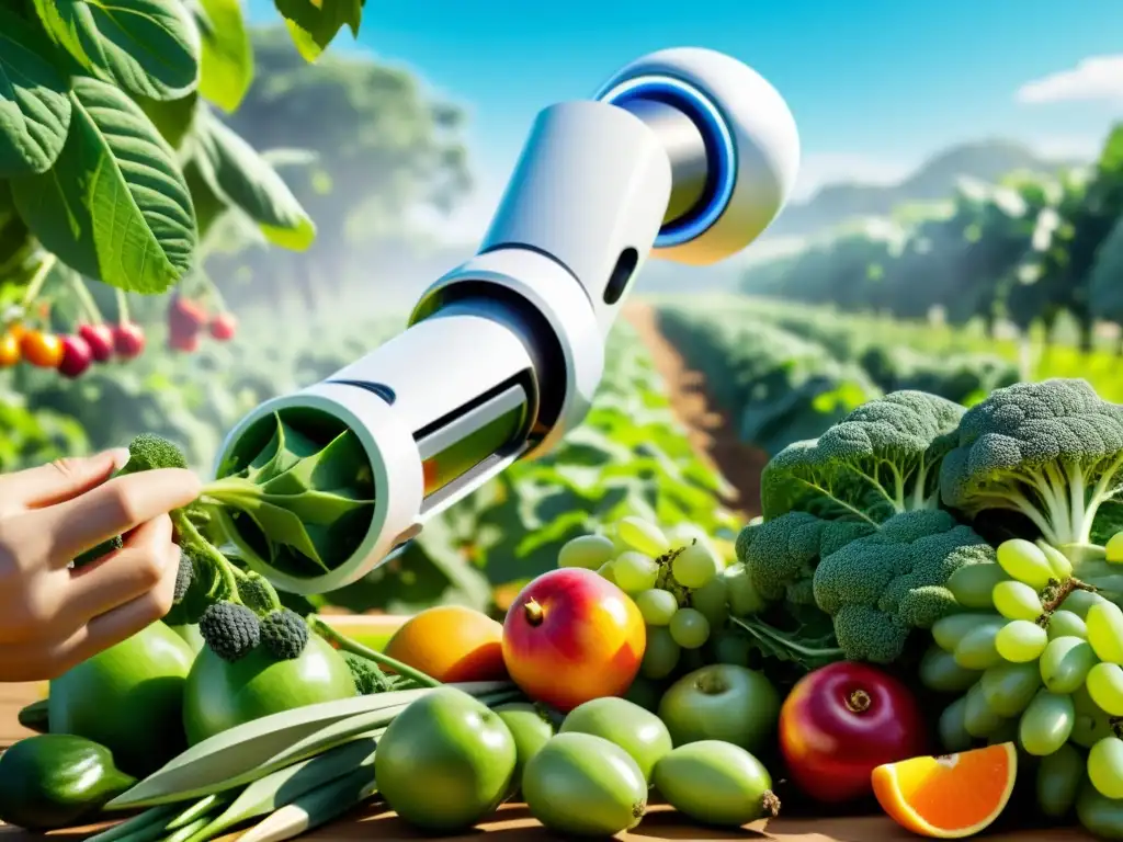 Una escena futurista de robótica en agricultura orgánica, con un brazo robótico recolectando frutas y verduras en un campo exuberante y soleado