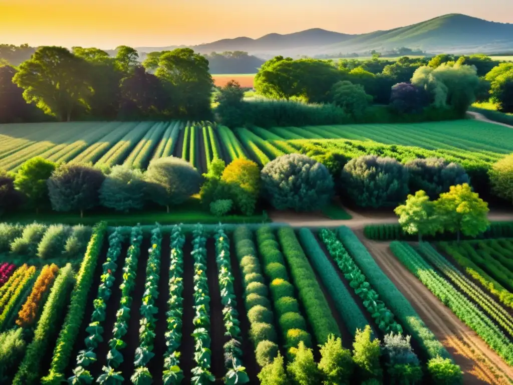 Escena de granja orgánica con cultivos coloridos y animales pastando en armonía bajo el cálido sol