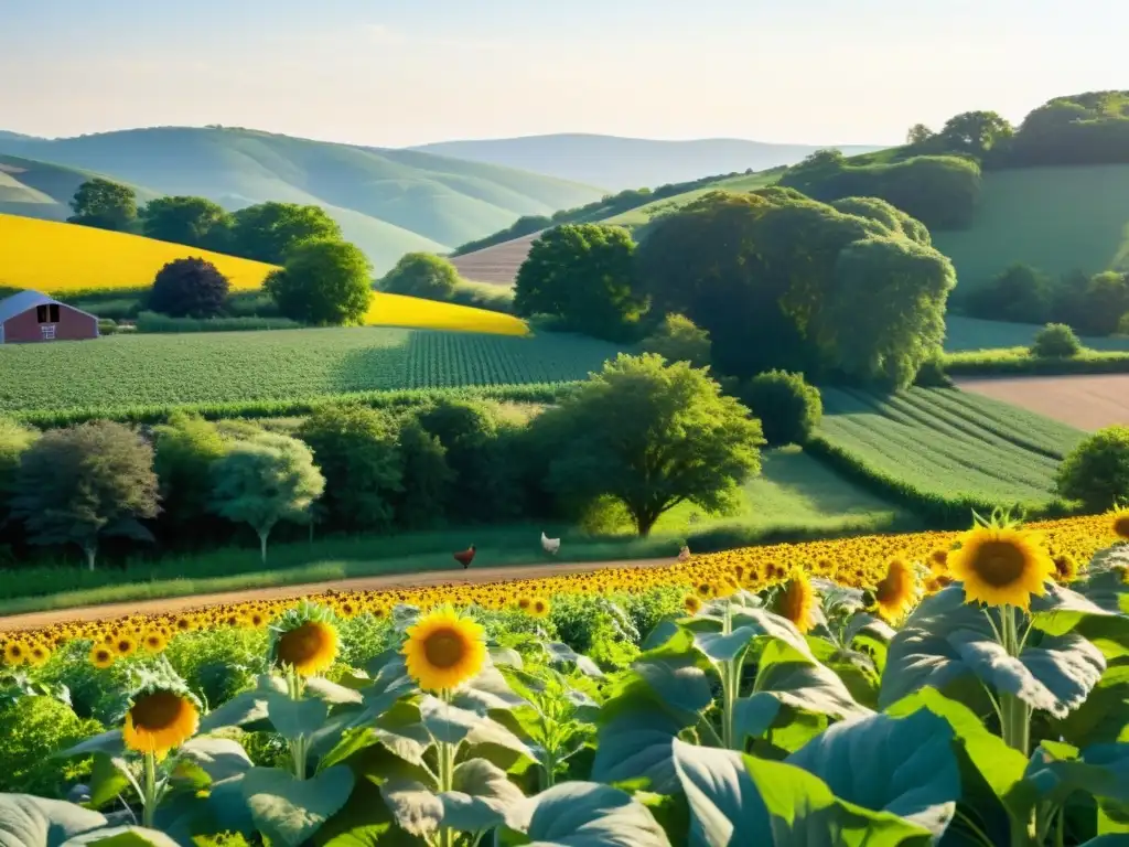 Escena de granja orgánica con biodiversidad agrícola y simbiosis natural