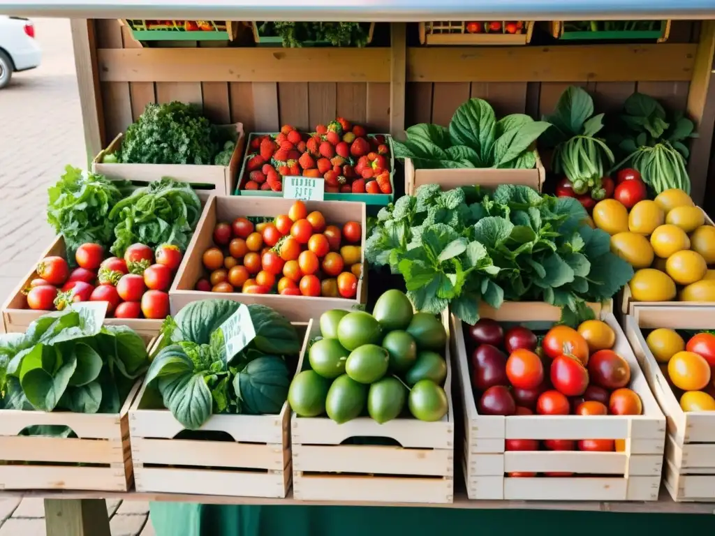 Una escena de un mercado con una variedad de frutas y verduras orgánicas, resplandeciendo bajo la luz natural